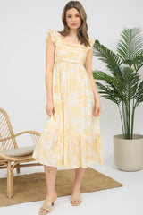Yellow Floral Ruffle Strap Pleated Bodice Midi Dress