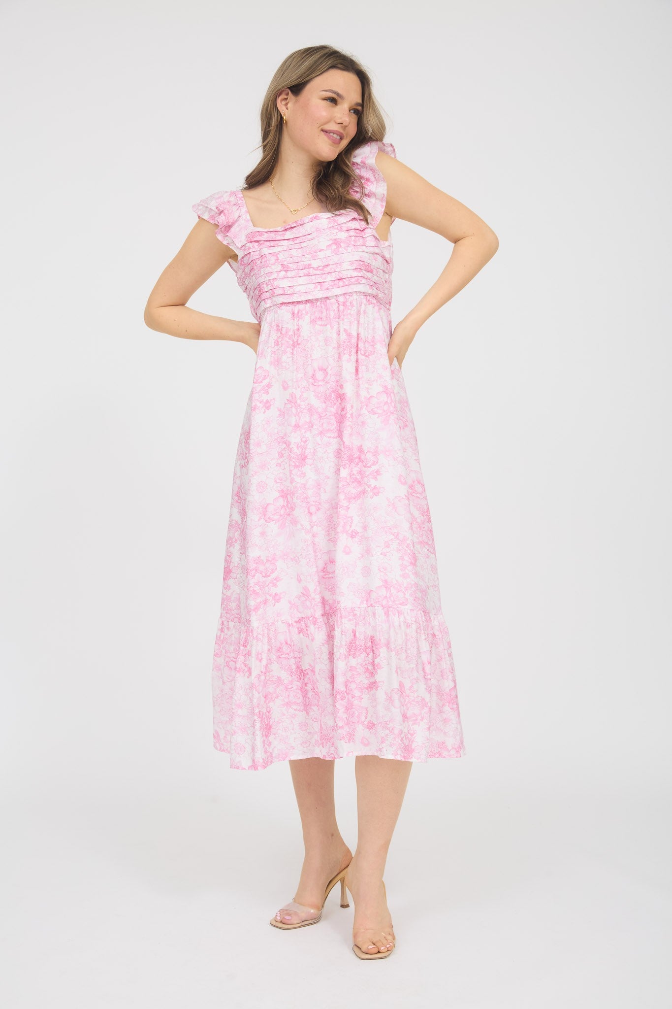 Pink Floral Ruffle Strap Pleated Bodice Maternity Midi Dress