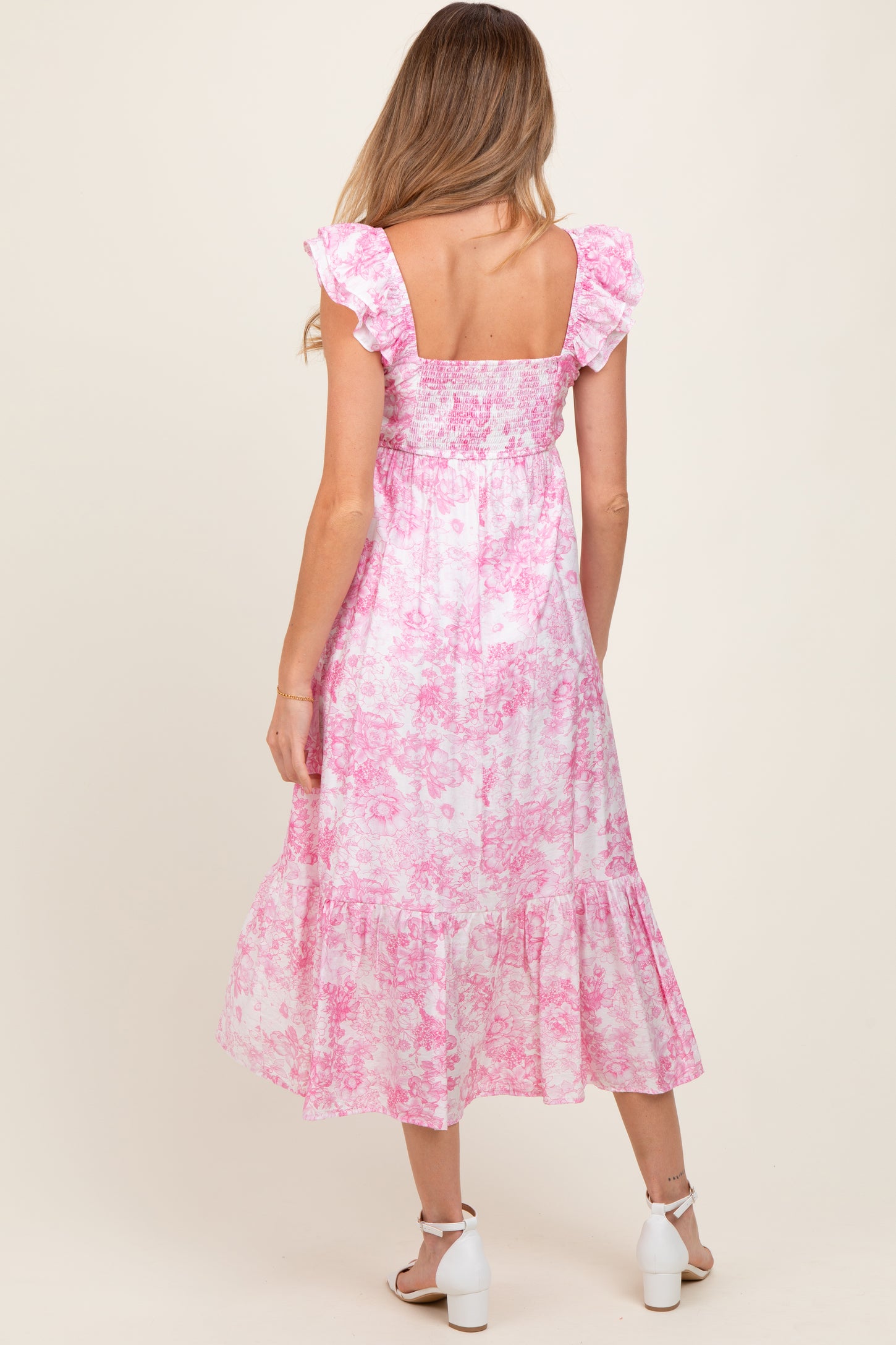 Pink Floral Ruffle Strap Pleated Bodice Maternity Midi Dress