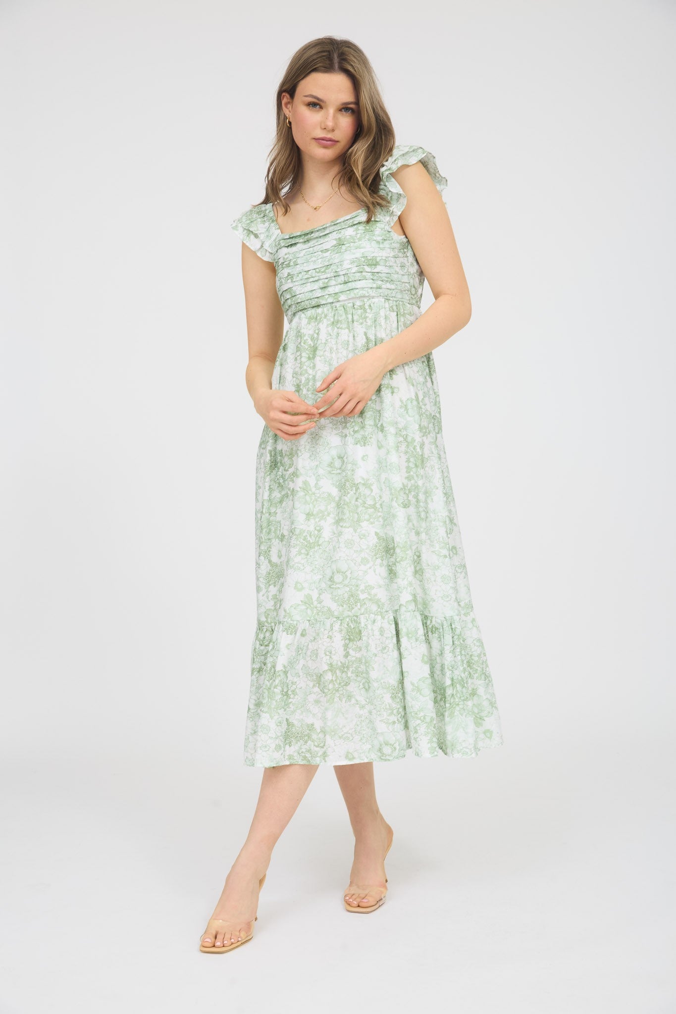Light Olive Floral Ruffle Strap Pleated Bodice Maternity Midi Dress