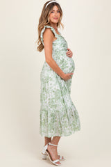 Light Olive Floral Ruffle Strap Pleated Bodice Maternity Midi Dress