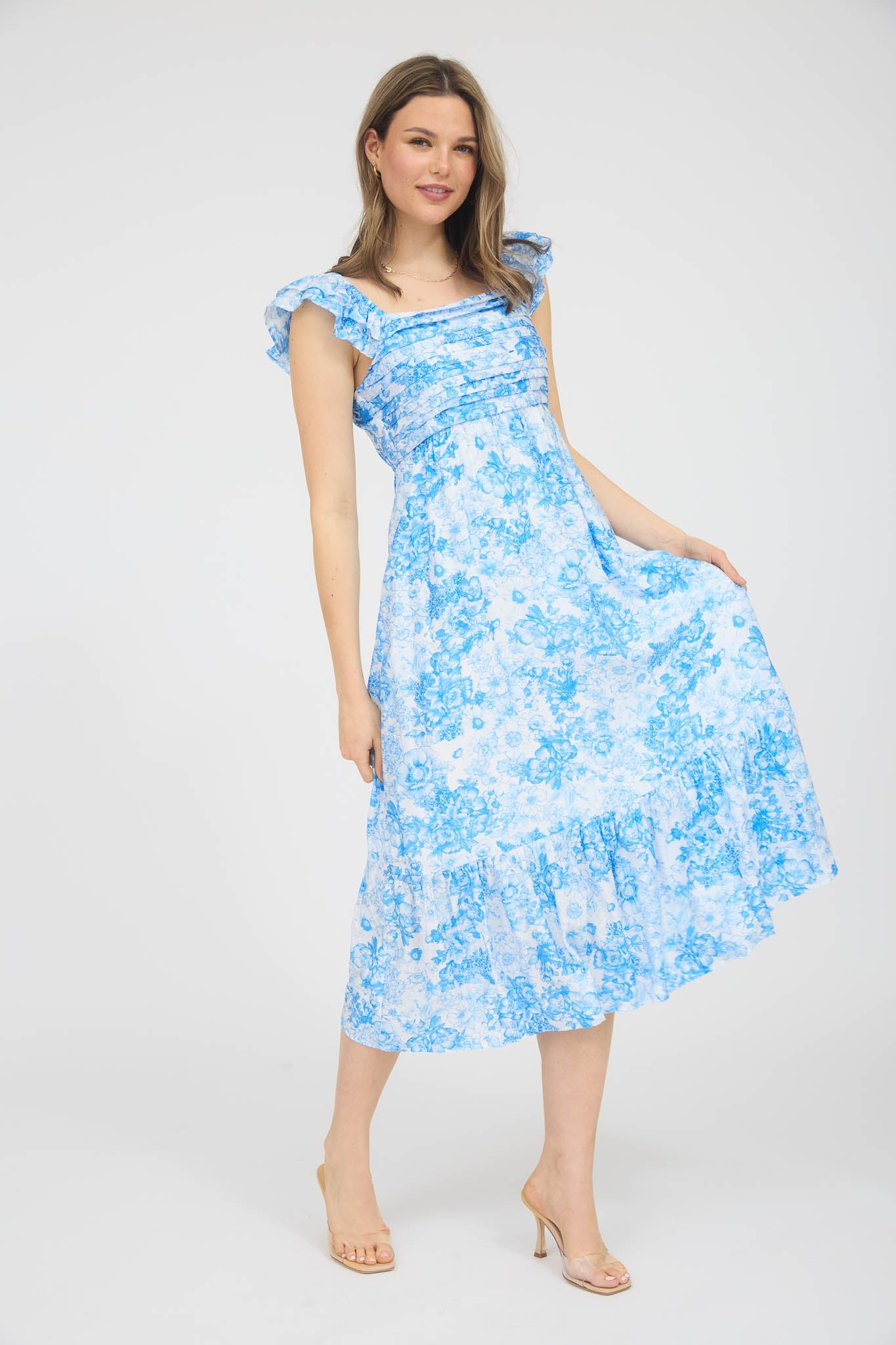 Blue Floral Ruffle Strap Pleated Bodice Maternity Midi Dress