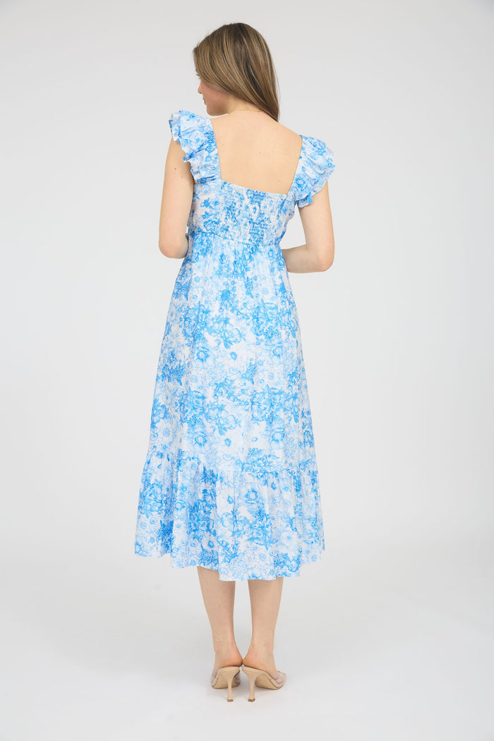 Blue Floral Ruffle Strap Pleated Bodice Midi Dress