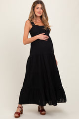 Black Swiss Dot Tiered Sleeveless Maternity Maxi Dress