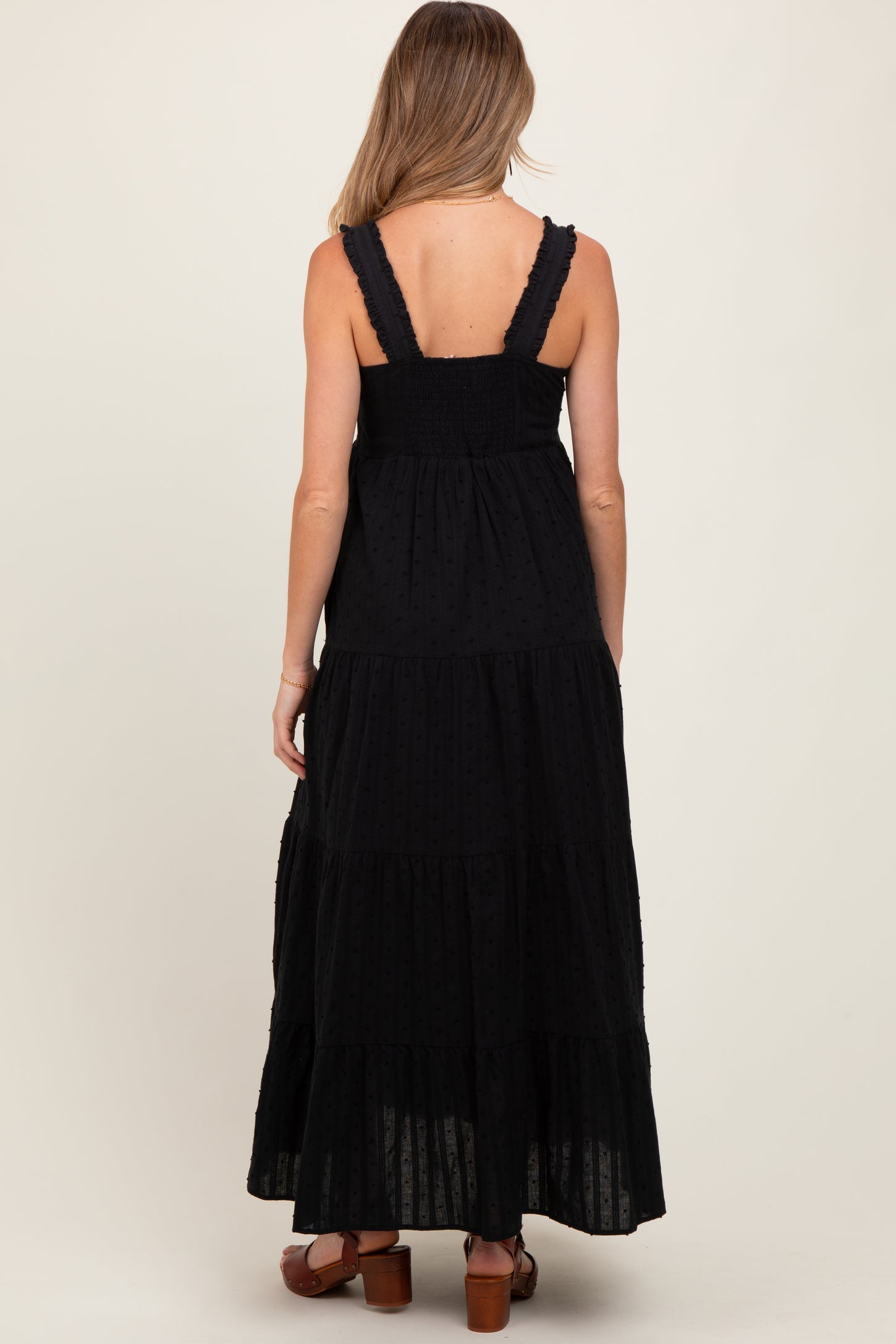 Black Swiss Dot Tiered Sleeveless Maternity Maxi Dress