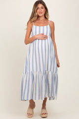 Blue Wide Stripe Linen Blend Sleeveless Maternity Maxi Dress
