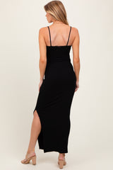 Black Lace Trim Side Slit Maternity Maxi Dress