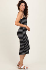 Black Striped Bow Detail Fitted Midi Dress