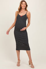 Black Striped Bow Detail Fitted Maternity Midi Dress