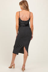 Black Striped Bow Detail Fitted Maternity Midi Dress