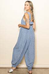 Blue Floral Ruffle Strap Barrel Leg Jumpsuit