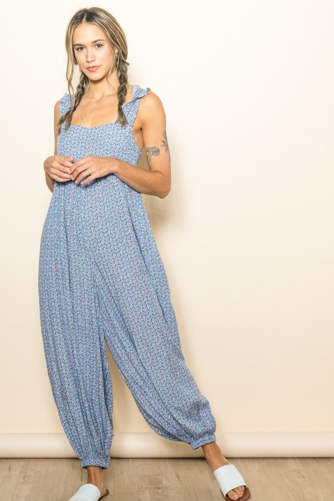 Blue Floral Ruffle Strap Barrel Leg Jumpsuit