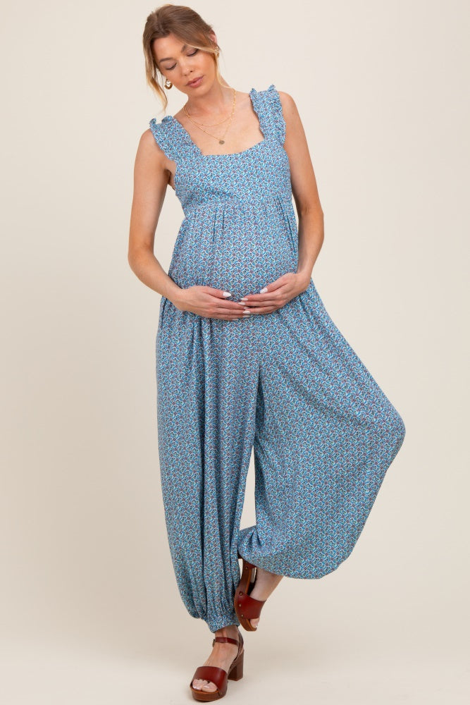 Blue Floral Ruffle Strap Barrel Leg Maternity Jumpsuit