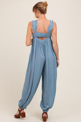 Blue Floral Ruffle Strap Barrel Leg Maternity Jumpsuit