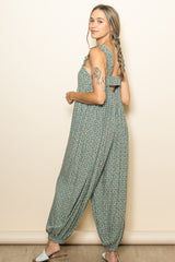 Green Floral Ruffle Strap Barrel Leg Jumpsuit