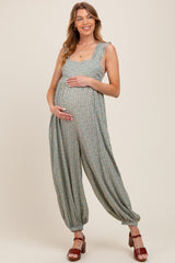Green Floral Ruffle Strap Barrel Leg Maternity Jumpsuit