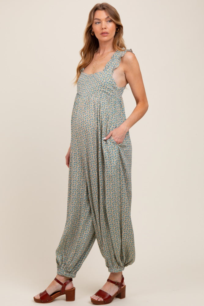 Green Floral Ruffle Strap Barrel Leg Maternity Jumpsuit