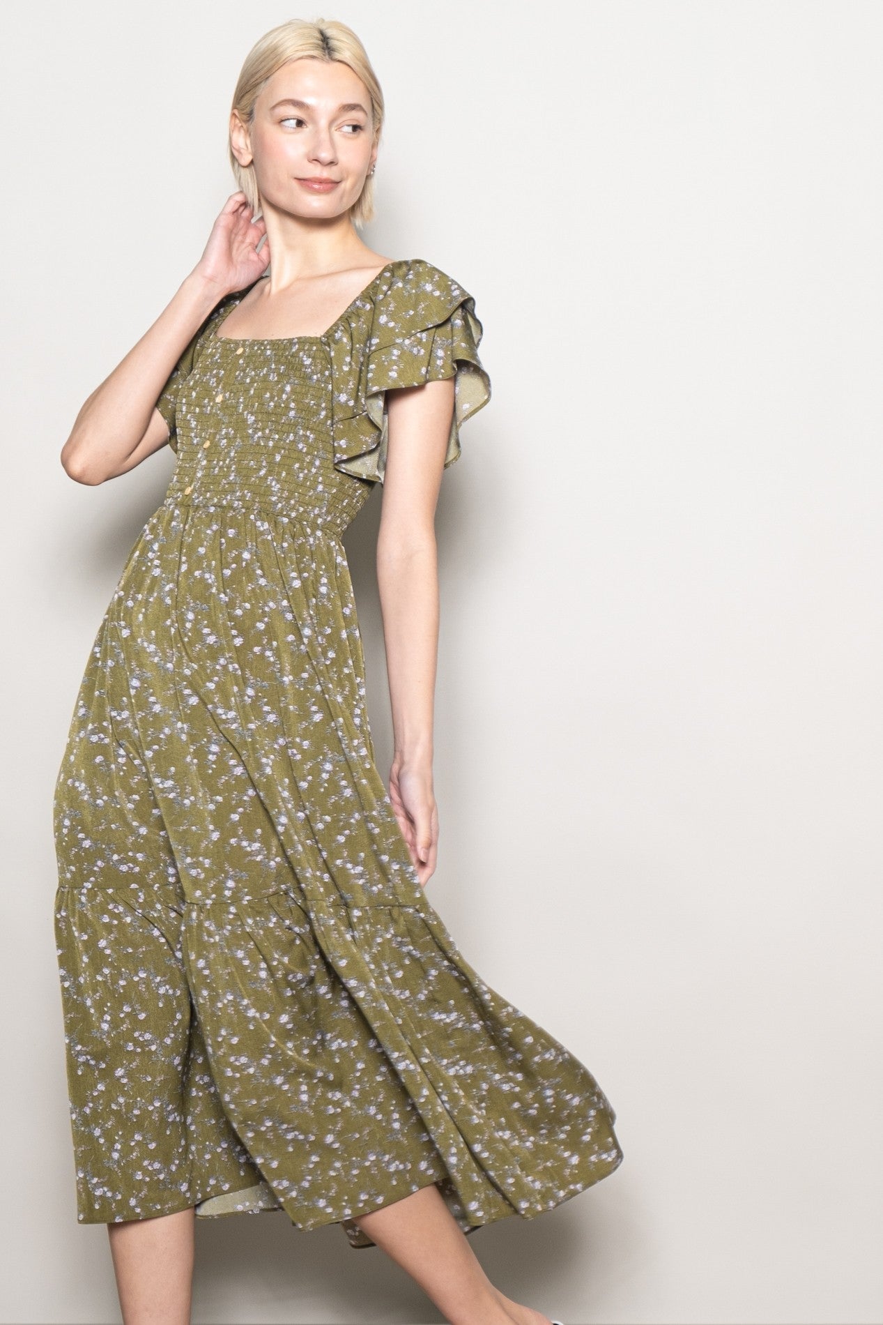 Olive Floral Smocked Flutter Sleeve Midi Dress