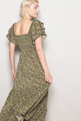 Olive Floral Smocked Flutter Sleeve Midi Dress