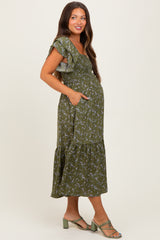 Olive Floral Smocked Flutter Sleeve Maternity Midi Dress