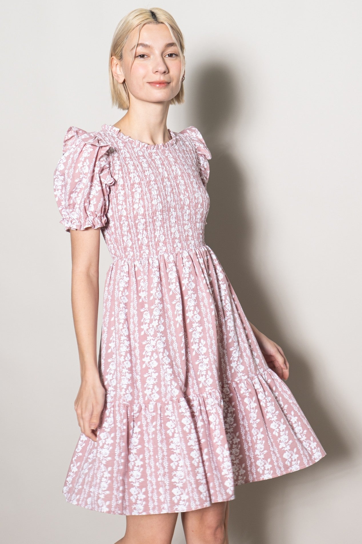 Pink Floral Smocked Ruffle Accent Dress