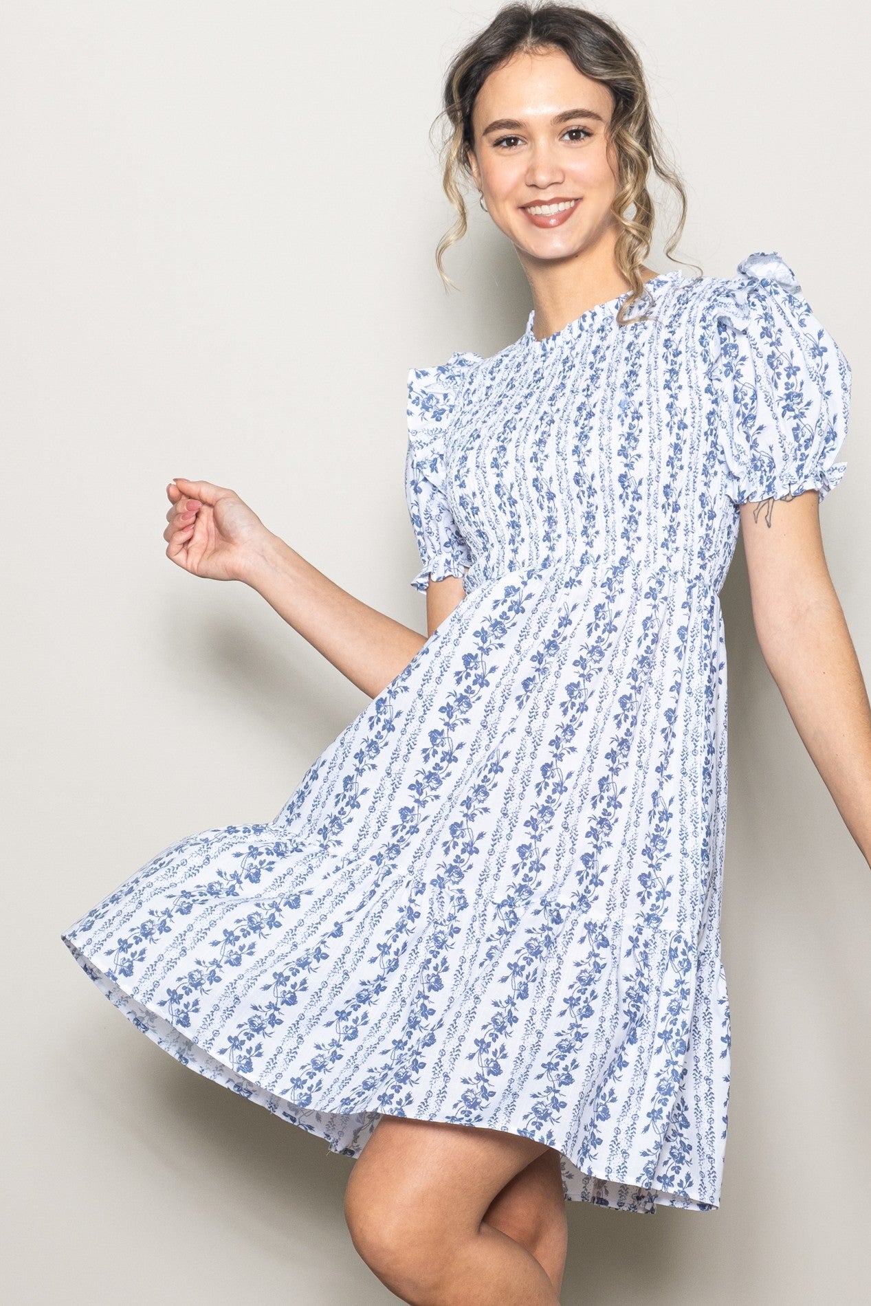 White Floral Smocked Ruffle Accent Dress