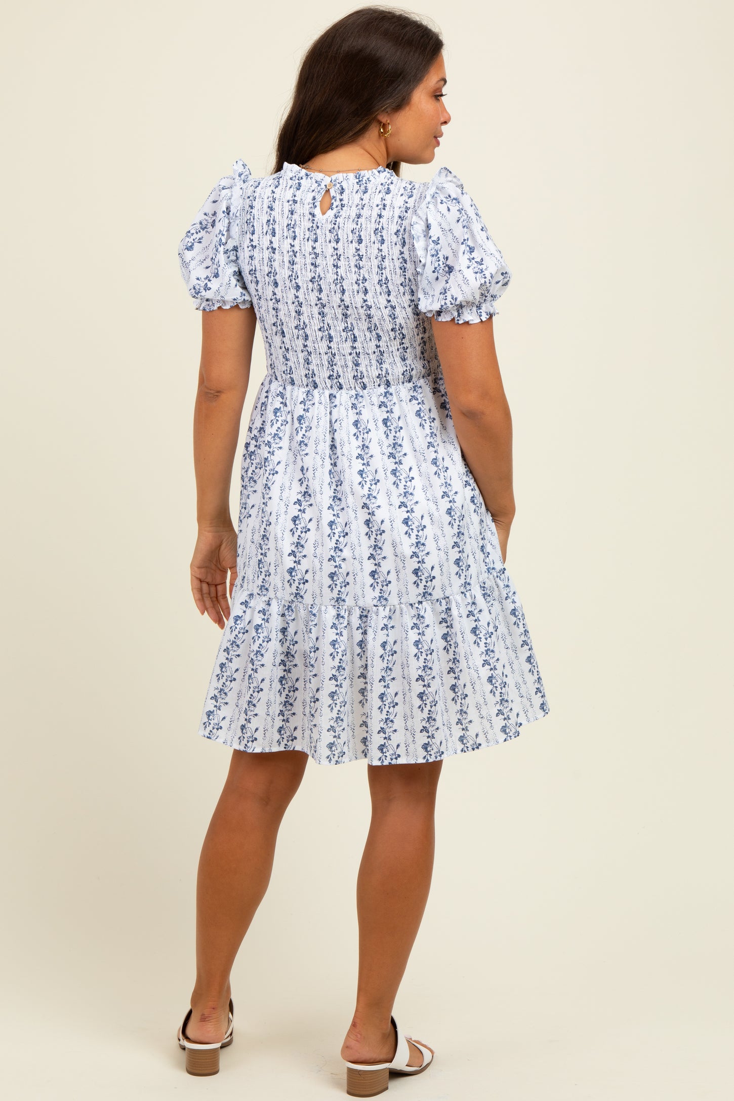 White Floral Smocked Ruffle Accent Maternity Dress