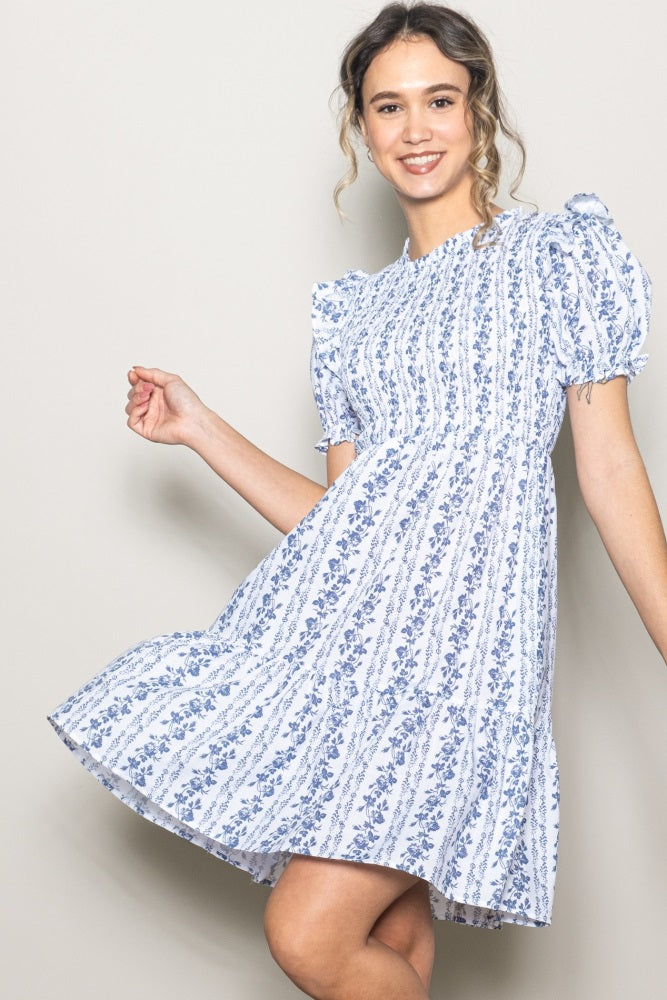White Floral Smocked Ruffle Accent Dress