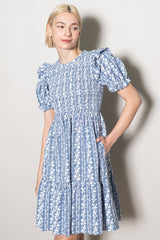 Blue Floral Smocked Ruffle Accent Maternity Dress