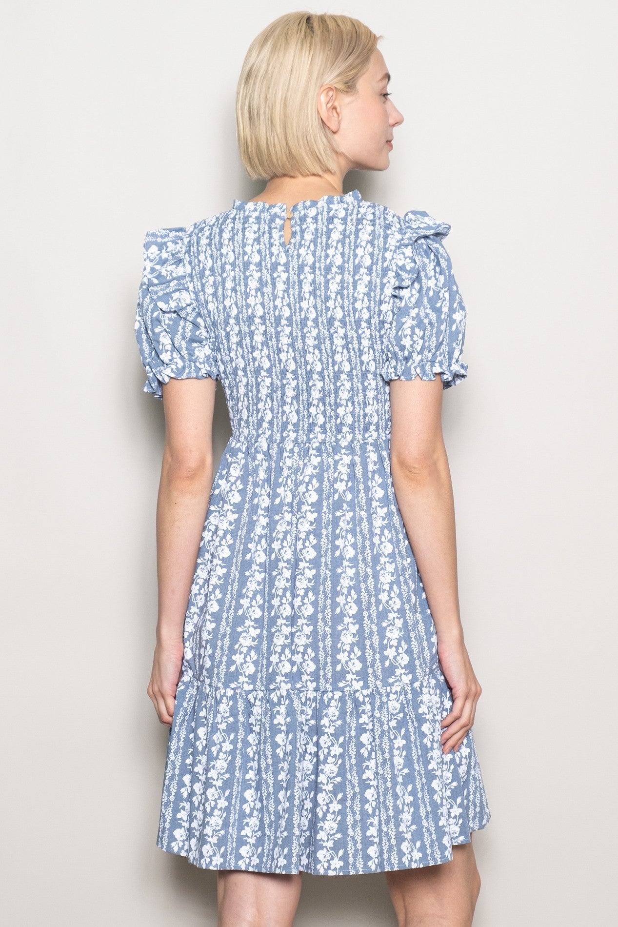 Blue Floral Smocked Ruffle Accent Dress