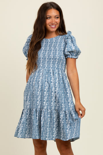 Blue Floral Smocked Ruffle Accent Maternity Dress