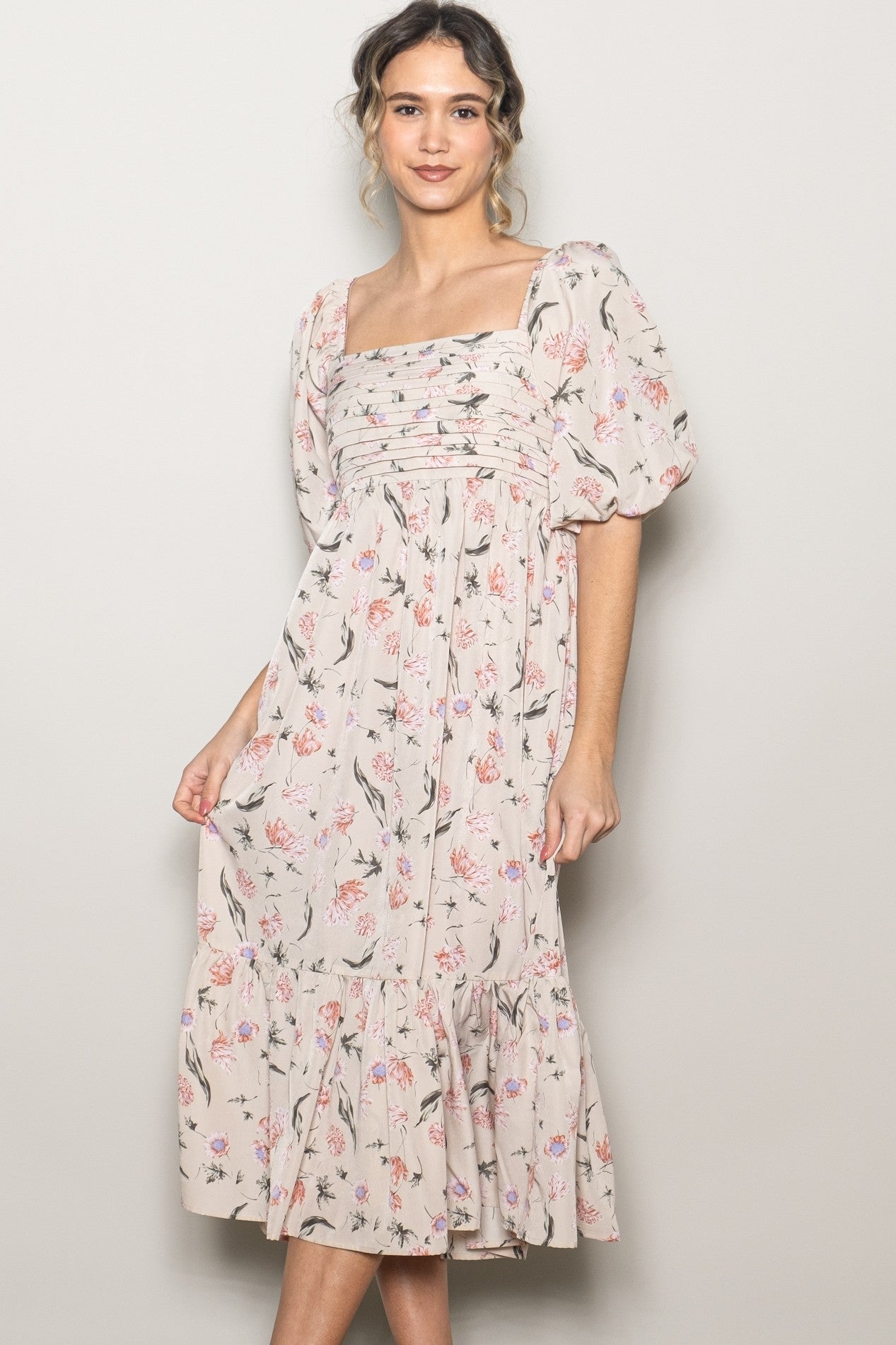Cream Floral Pleated Bodice 3/4 Sleeve Midi Dress
