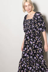 Black Floral Pleated Bodice 3/4 Sleeve Midi Dress