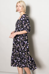 Black Floral Pleated Bodice 3/4 Sleeve Midi Dress