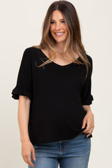 Black Oversized V-Neck Front Pocket Maternity T-Shirt