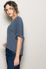 Dark Blue Oversized V-Neck Front Pocket T-Shirt