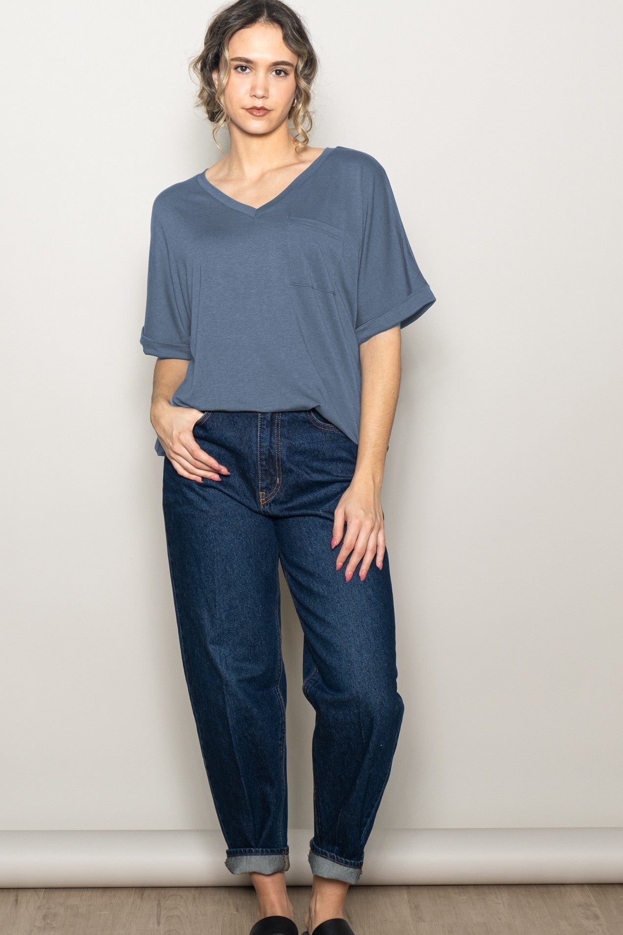 Dark Blue Oversized V-Neck Front Pocket T-Shirt