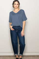 Dark Blue Oversized V-Neck Front Pocket T-Shirt