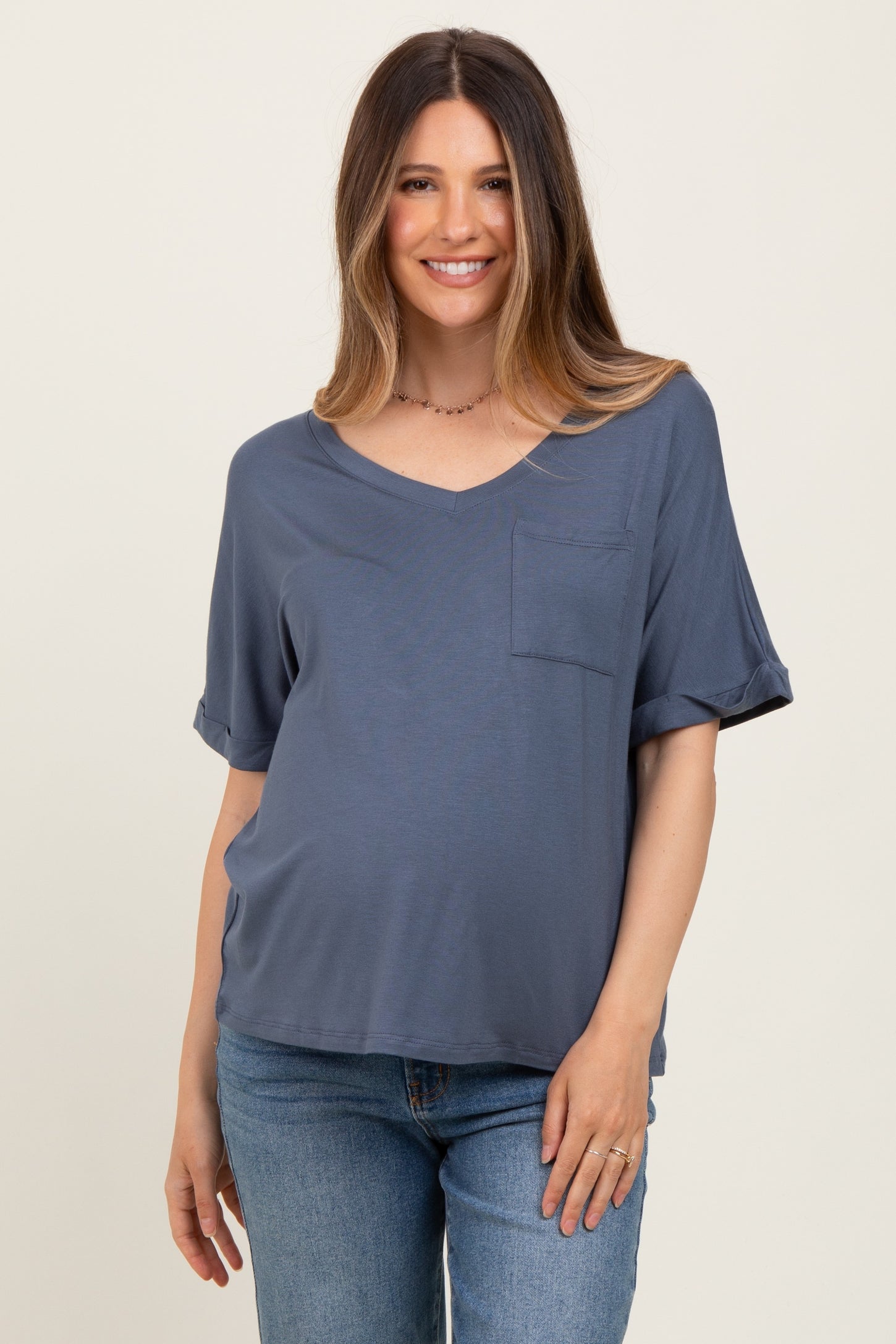 Dark Blue Oversized V-Neck Front Pocket Maternity T-Shirt