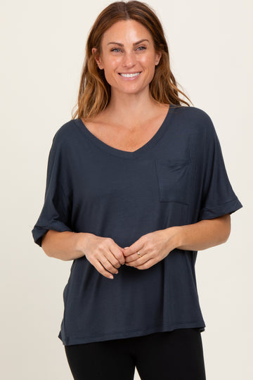 Charcoal Oversized V-Neck Front Pocket T-Shirt