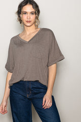 Mocha Oversized V-Neck Front Pocket Maternity T-Shirt