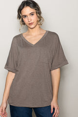 Mocha Oversized V-Neck Front Pocket T-Shirt