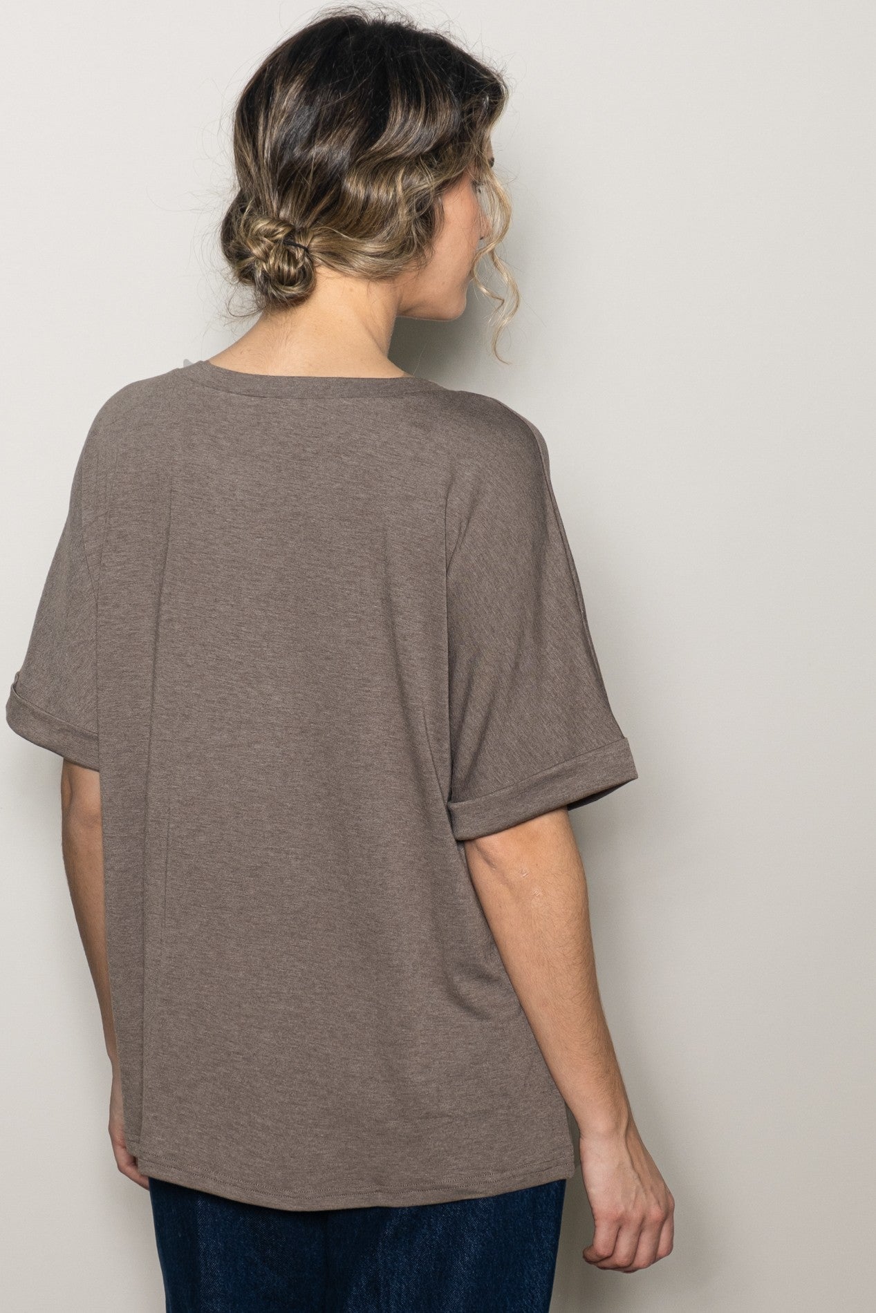 Mocha Oversized V-Neck Front Pocket T-Shirt