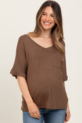 Mocha Oversized V-Neck Front Pocket Maternity T-Shirt