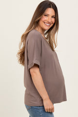 Taupe Oversized V-Neck Front Pocket Maternity T-Shirt