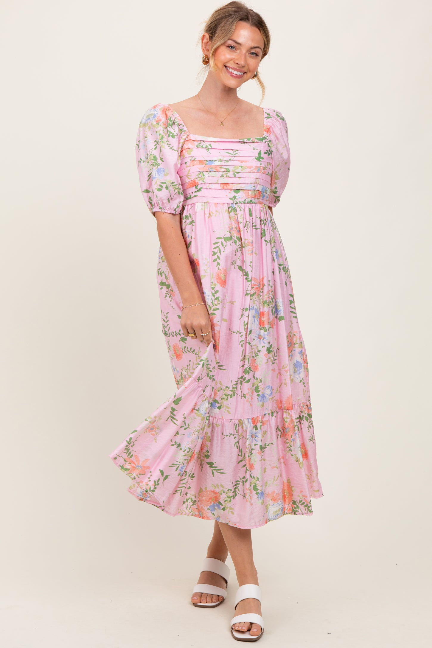 Pink Floral Pleated Bust Puff Sleeve Maternity Midi Dress