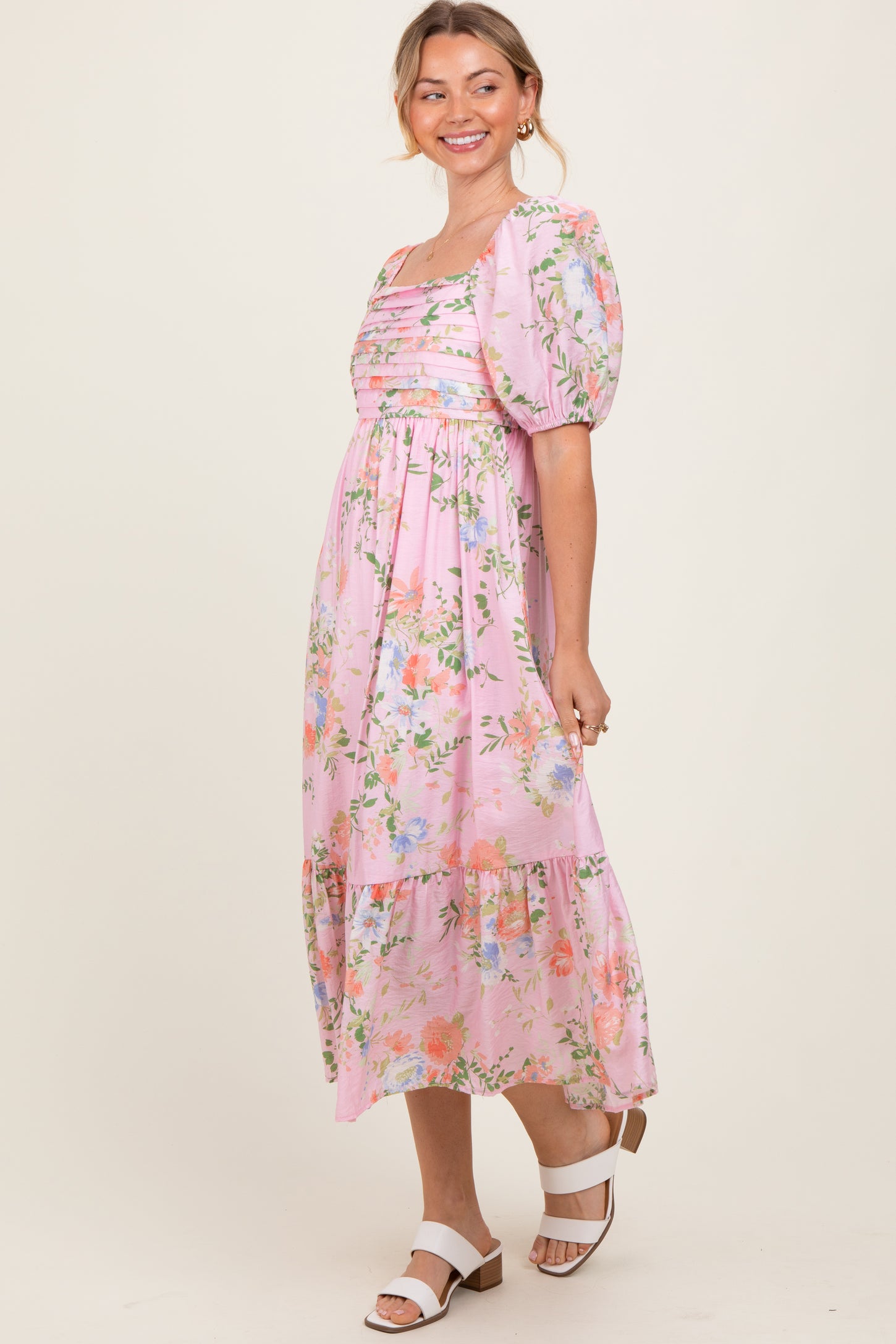 Pink Floral Pleated Bust Puff Sleeve Midi Dress