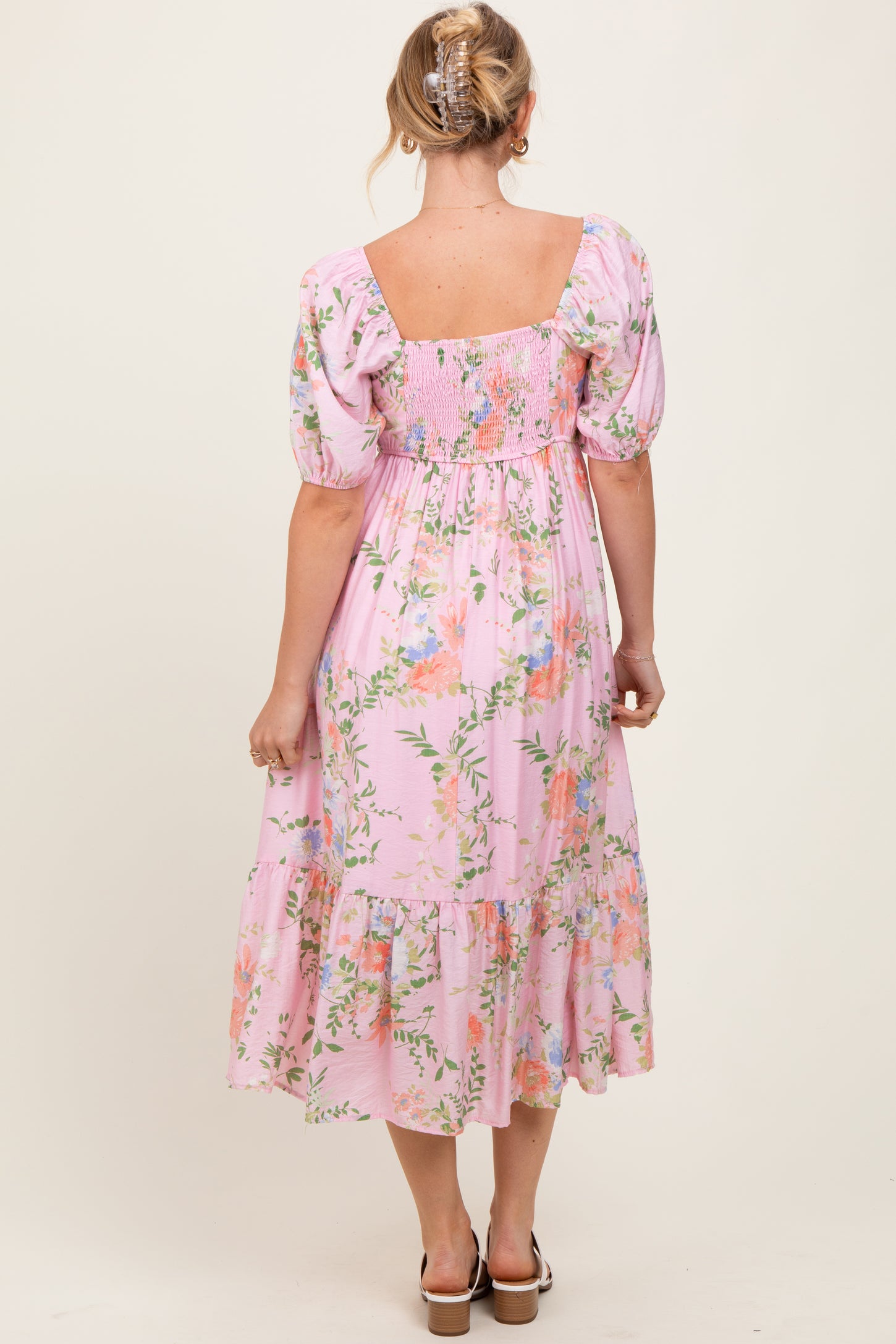 Pink Floral Pleated Bust Puff Sleeve Midi Dress