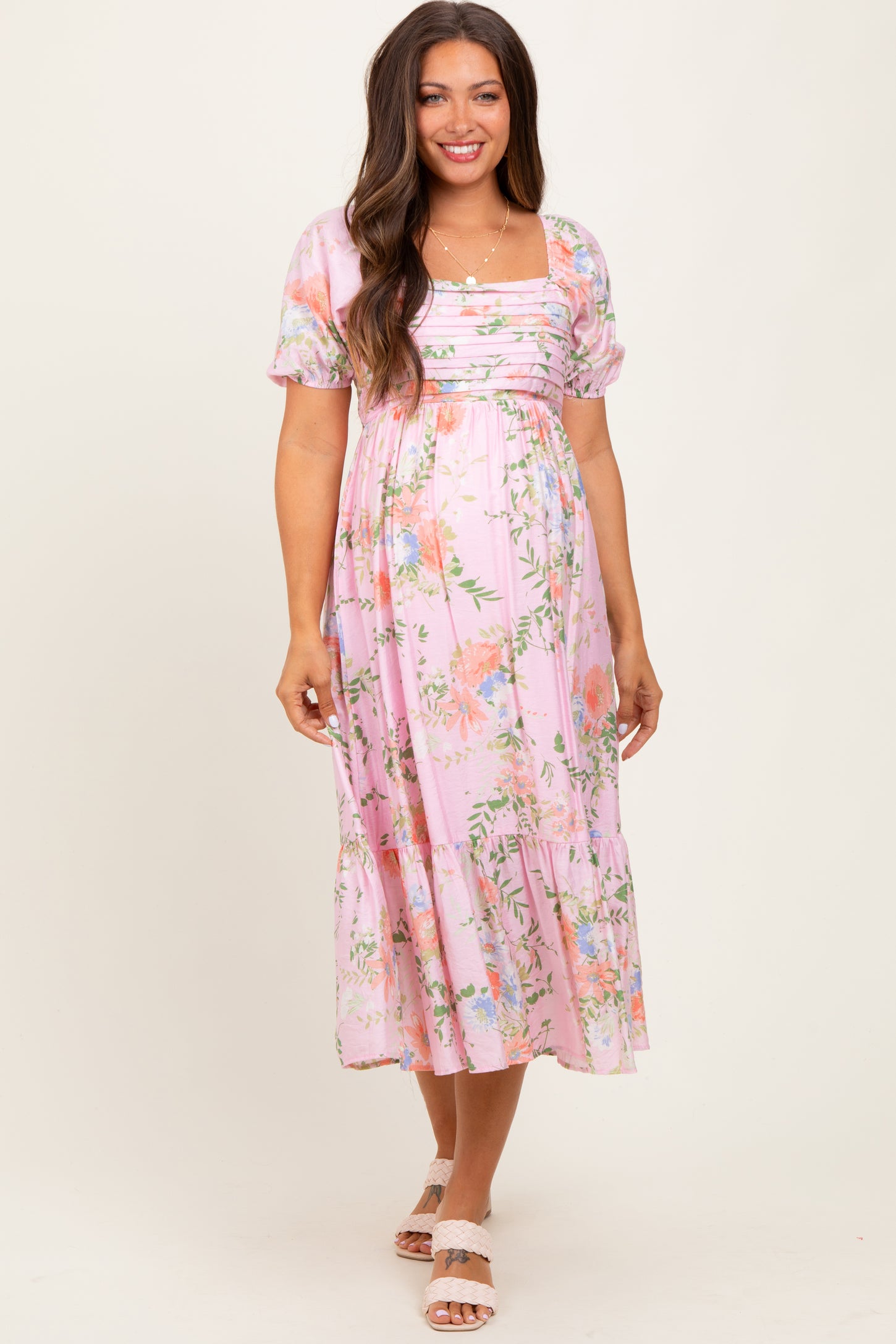 Pink Floral Pleated Bust Puff Sleeve Maternity Midi Dress