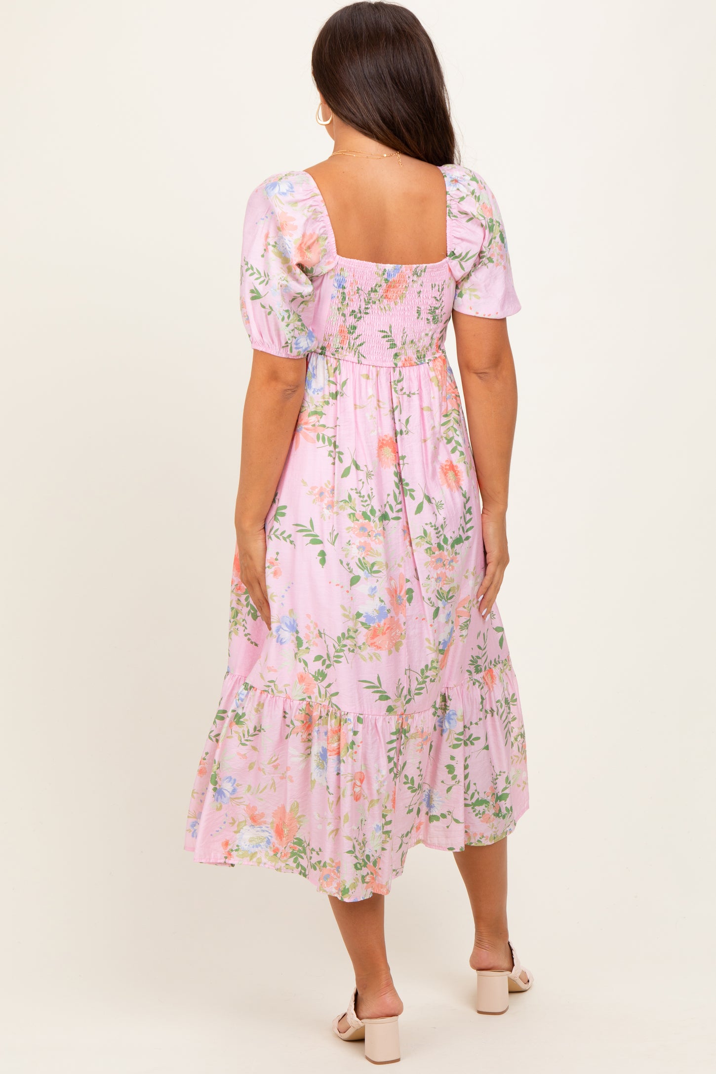 Pink Floral Pleated Bust Puff Sleeve Maternity Midi Dress